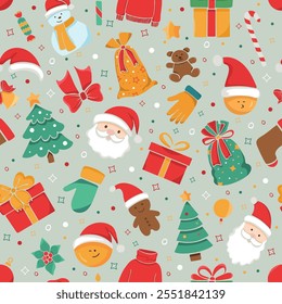 Christmas Seamless pattern. Christmas ornament with candy cane, gift boxes, cookies, toys, Santa Clauses, snowman. Holiday background for wrapping paper in cartoon style.