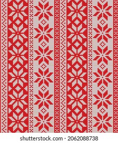 Christmas seamless pattern ornament on the wool knitted texture. Vector illustration in red color