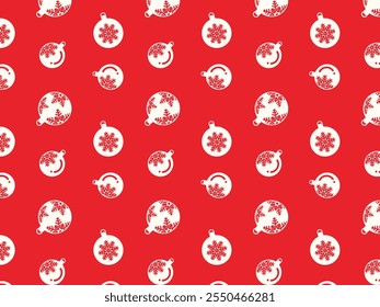 Natal padrão sem emenda com enfeites e bolinhas no fundo vermelho. Design de decoração de feriado