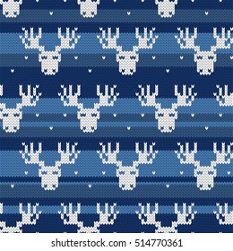 Christmas Seamless pattern with ornaments of a Jacquard knitting. Image of a deer moose on a striped blue background. Vector illustration.