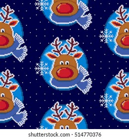 Christmas Seamless pattern with ornaments of a Jacquard knitting. Image of a Santa's deer with red nose in a blue scarf. Vector illustration.