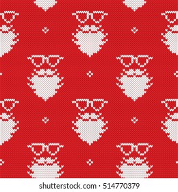 Christmas Seamless pattern with ornaments of a Jacquard knitting. Image of a Santa's mask, glasses, mustache, beard on a red background. Vector illustration.