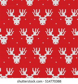 Christmas Seamless pattern with ornaments of a Jacquard knitting. Image of a moose head on a red background. Vector illustration.