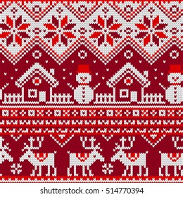 Christmas Seamless pattern with ornaments of a Jacquard knitting. Image of a house, snowman, moose, star, snowflake on a red background. Vector illustration.