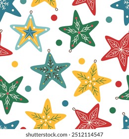 Christmas seamless pattern of Christmas ornaments on the shape of stars on white background. Christmas background. Christmas concept.