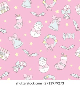 Natal padrão sem emenda de ornamentos no fundo rosa pastel. Apresenta boneco de neve, sino de árvore de Natal e estrelas, perfeito para projetos festivos