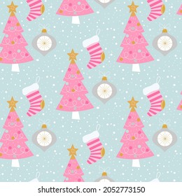  Christmas seamless pattern. ornaments, stockings and pine tree. Cute festive elements. On blue background