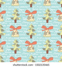 Christmas seamless pattern with ornate Christmas bells and fir trees with merry Christmas background in various languages. Vector