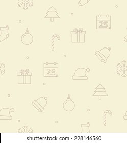 Christmas seamless pattern with outline icons beige background. Vector illustration