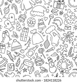 Christmas seamless pattern. Outline of the objects and elements New year