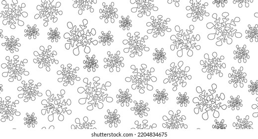Christmas seamless pattern with outline silhouettes of snowflakes in childlike naive scribble style. Greeting card, gift packaging, wrapping paper. Funny scrabble style collection for happy new year. 
