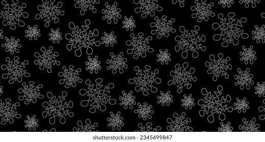 Christmas seamless pattern with outline silhouettes of snowflakes in childlike naive scribble style on black. Greeting card, gift packaging, wrapping paper. Funny scrabble style for happy new year. 
