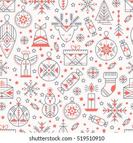 Christmas seamless pattern with outlined holiday and winter signs. Black and red color palette. Minimalistic design layout. Creative tribal line style background