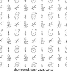 Christmas seamless pattern owl and plants hand drawn. Isolated on white background
