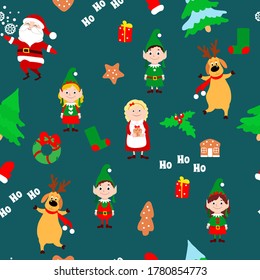 Christmas seamless pattern for packaging, gifts, textiles, festive wallpapers. Christmas trees, Santa Claus, Mrs Santa Claus, deer, elf, wreath, gingerbread cookies on a dark blue-green background.