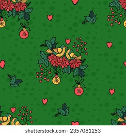 Patrón de Navidad sin Maravilla. Amo a los pájaros con flores de poinsettia, sagradas, bolas navideñas y bayas sobre fondo verde con corazones. Ilustración vectorial. Diseño repetitivo de navidad