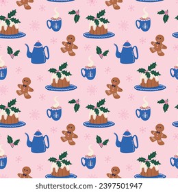Christmas seamless pattern with panettone, holly berry and snowflakes. Holiday tea party. Cute Winter background. Flat style hand drawn vector illustration.

