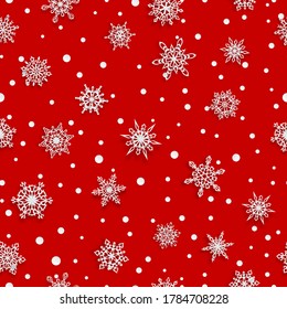 Patrón ininterrumpido de Navidad de copos de nieve de papel con sombras suaves sobre fondo rojo