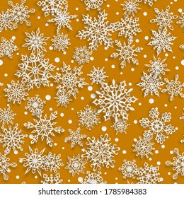 Weihnachtsnahtloses Muster von Schneeflocken auf Papier mit weichen Schatten auf gelbem Hintergrund