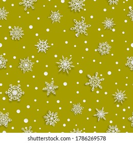 Christmas seamless pattern of paper snowflakes with soft shadows on yellow background