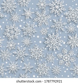Patrón ininterrumpido de Navidad de copos de nieve de papel con sombras suaves sobre fondo azul claro
