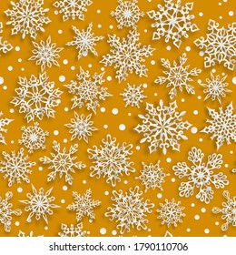 Patrón ininterrumpido de Navidad de copos de nieve de papel con sombras suaves sobre fondo amarillo