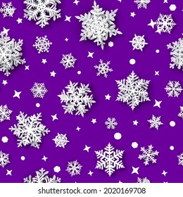 Christmas seamless pattern of paper snowflakes with soft shadows, white on purple background