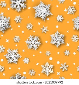 Christmas seamless pattern of paper snowflakes with soft shadows, white on yellow background