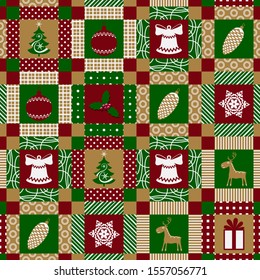 Christmas seamless pattern in patchwork style with bell, tree, deer, gift box, pine cone, ball, snowflake, candy cane and mistletoe.