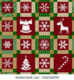 Christmas seamless pattern in patchwork style with bell, tree, deer, snowflake and candy cane.