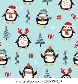 Christmas seamless pattern with penguin background, Winter pattern, wrapping paper, pattern fills, winter greetings, web page background, Christmas and New Year greeting cards