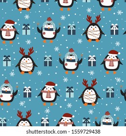 Christmas seamless pattern with penguin background, Winter pattern, wrapping paper, pattern fills, winter greetings, web page background, Christmas and New Year greeting cards
