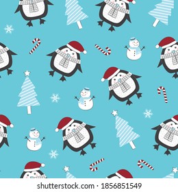 Weihnachtsnahtloses Muster mit Pinguinhintergrund, Wintermuster mit Schneemann, Packpapier, Wintergruß, Hintergrund, Weihnachts- und Neujahrskarten