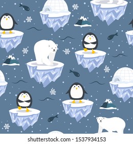 Christmas seamless pattern with penguin on ice floe background, Winter pattern with polar bear, wrapping paper, pattern fills, winter greetings, web page background, Christmas and New Year