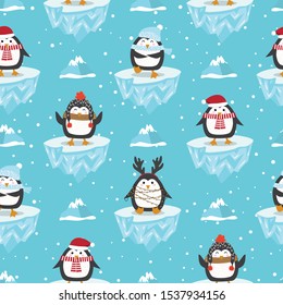 Christmas seamless pattern with penguin on ice floe background, Winter pattern, wrapping paper, pattern fills, winter greetings, web page background, Christmas and New Year greeting cards