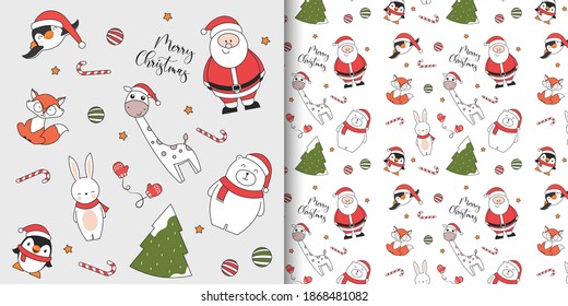 Christmas seamless pattern with penguin, polar bear, rabbit, fox, giraffe, Santa Claus and Christmas tree.