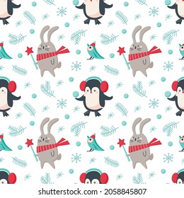Navidad sin costuras con pingüino, conejo, pájaro aislado en fondo blanco. Ilustración plana vectorial. Diseño para fondo, embalaje, papel pintado, textil, embalaje
