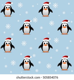 Christmas seamless pattern with penguin and snow flakes on blue background. Vector illustration.