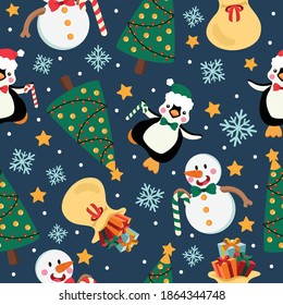 Christmas seamless pattern with penguin and snowman