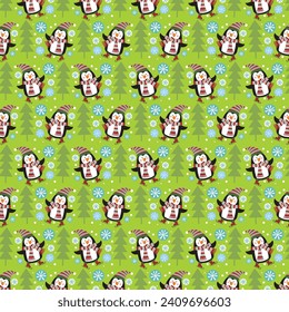 Christmas seamless pattern with penguin and tree