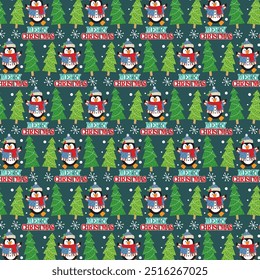 Christmas seamless pattern with penguin and tree