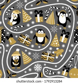 Christmas seamless pattern with penguins and beads on dark grey background. Vector illustration.