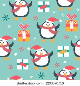 Christmas seamless pattern with penguins and boxes. Vector illustration.