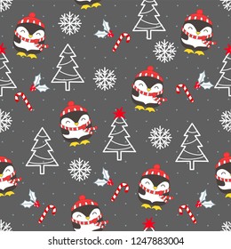 Christmas seamless pattern with penguins, fir trees, holly berry and snowflakes. Winter greetings, Christmas and New Year greeting cards.