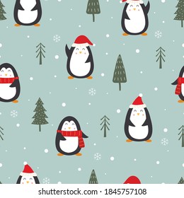 Christmas seamless pattern With penguins and pine trees on blue background Hand drawn design in cartoon style, use for print, celebration wallpaper, fabric, textile. Vector illustration