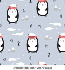 Christmas seamless pattern With penguins and pine snow on blue background Hand drawn design in cartoon style, use for print, celebration wallpaper, fabric, textile. Vector illustration