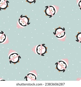 Christmas seamless pattern with penguins. Print for wrapping paper, pattern fills, winter greetings, web page background
