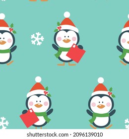Christmas seamless pattern with penguins and snowflakes. Vector illustration. 