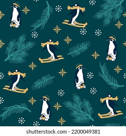 christmas seamless pattern with penguins, snowflakes and fir branch. Vector design for paper, fabric and other surface