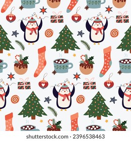 Christmas seamless pattern with penguins, Christmas tree and decorative elements, seasonal winter wallpaper, background, wrapping paper